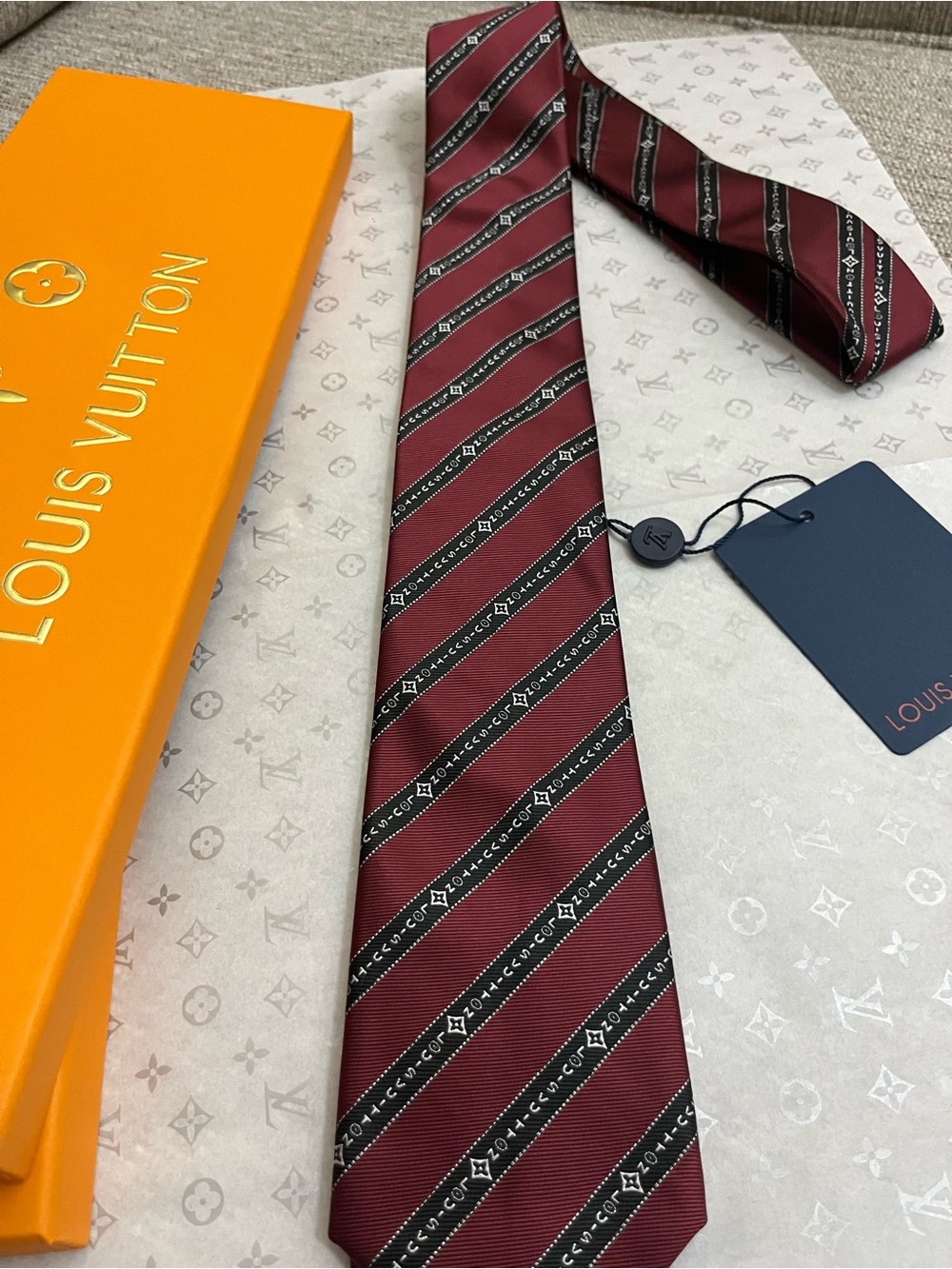 Louis Vuitton Men's Burgundy and Black Diagonal Stripe Silk Tie